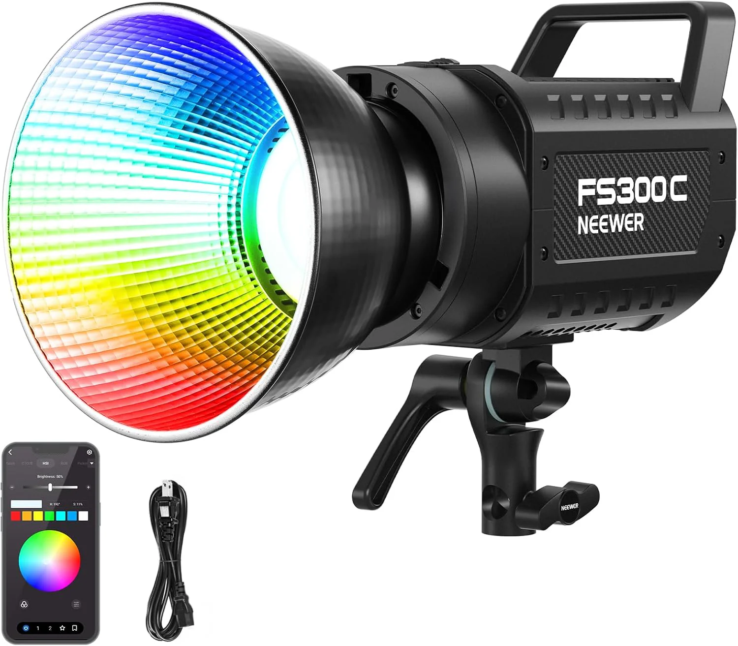 130W RGB LED Video Light APP/2.4G Control 17 Effects, 2500-7500K 19800lux/1m COB Continuous Lighting Output with CRI97/TLCI98 4 Dimming Curves, Spotlight for Studio Shoots, FS150C