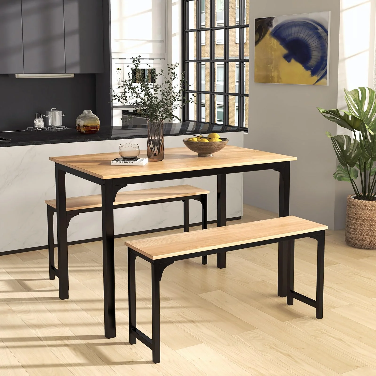 Giantex Dining Table Set for 4, 3 PCS Farmhouse Kitchen & Dining Room Furniture Kit with 2 Benches