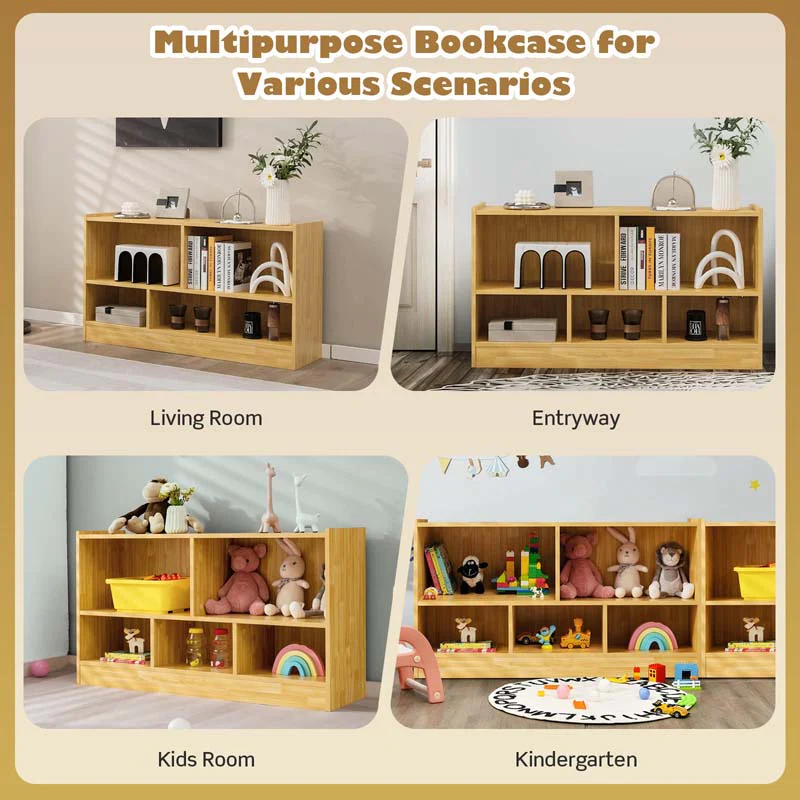 2-Shelf Kids Bookcase 5-Cube Wood Toy Storage Cabinet Organizer for Classroom, Playroom, Nursery, Kindergarten