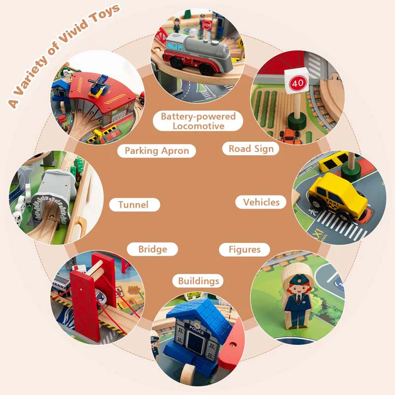 2-in-1 Wooden Toddler Train Table Kids Activity Table Set with Storage, 100 Multicolor Pieces, Tracks, Trains, Cars, Reversible Tabletop