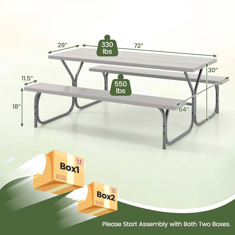6 FT 8-Person Outdoor Large Picnic Table Bench Set with Umbrella Hole, Metal Frame, All-Weather HDPE Tabletop