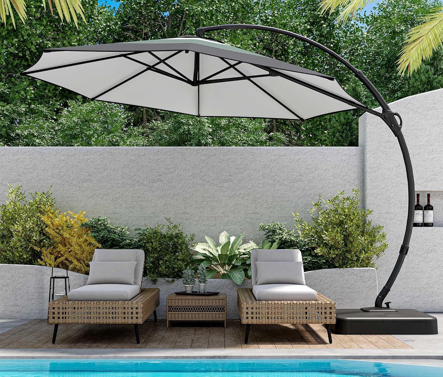 LAUSAINT HOME Outdoor Patio Umbrella with Base included, 11 FT Deluxe Curvy Cantilever Umbrella Heavy Duty Offset Hanging Umbrella with 360�� Rotation for Market, Pool, Garden, Backyard, Deck (Beige)