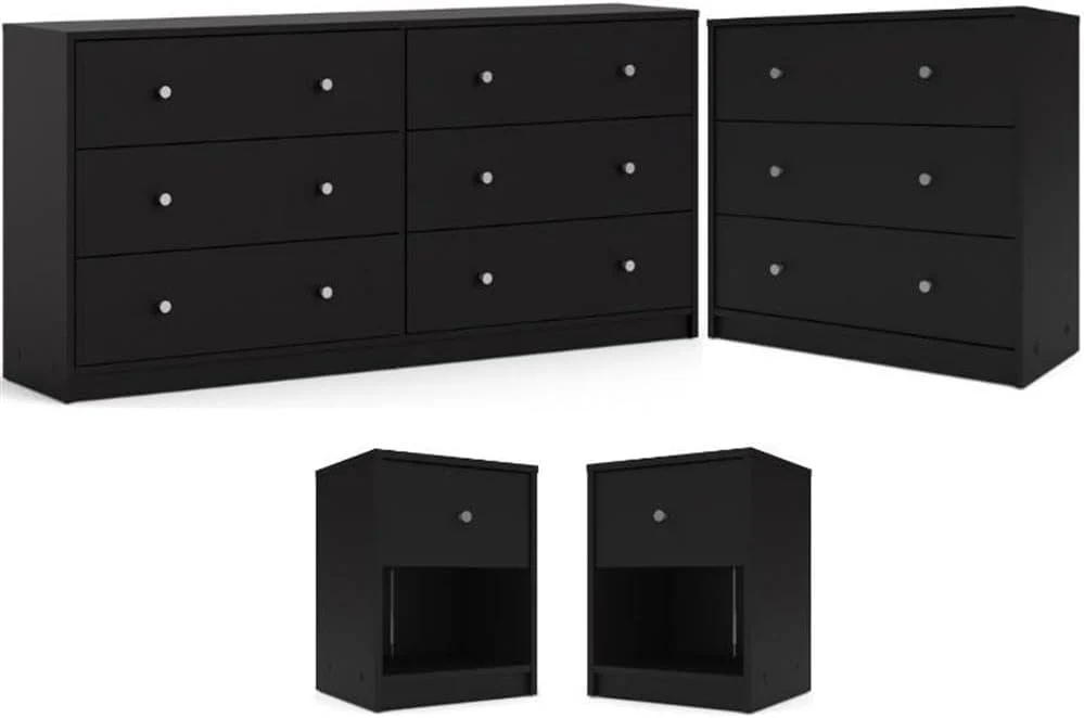 3-Pc Scandinavian Design Engineered Wood Bedroom Furniture Set with 3-Drawer Chest & 6-Drawer Double Dresser & 1-Drawer Nightstand, Pewter Plastic Handles, Smooth Plastic Glides, in Black