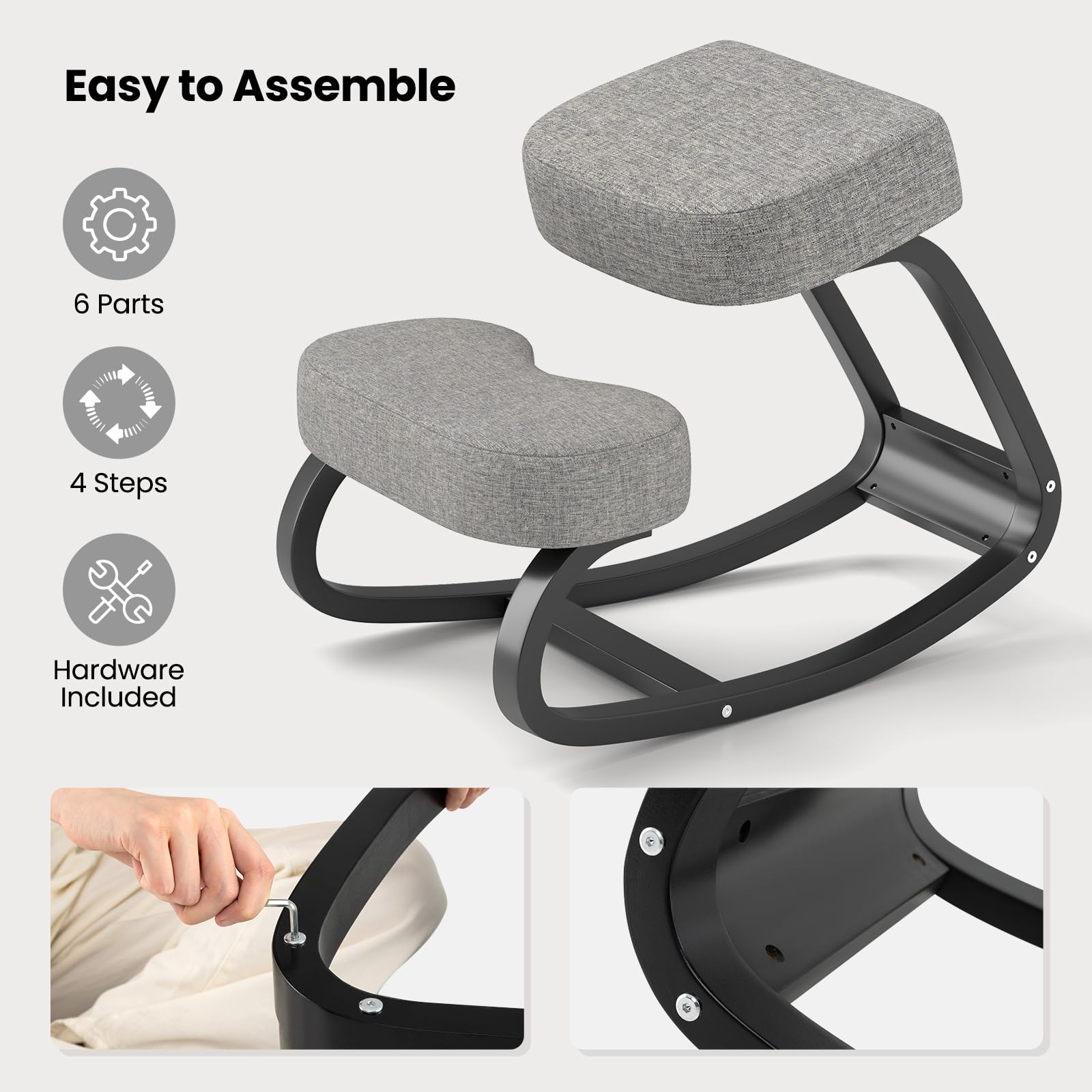 Ergonomic Kneeling Chair, Rocking Upright Posture Chair with Soft Seat & Knee Pads, Gray and Black