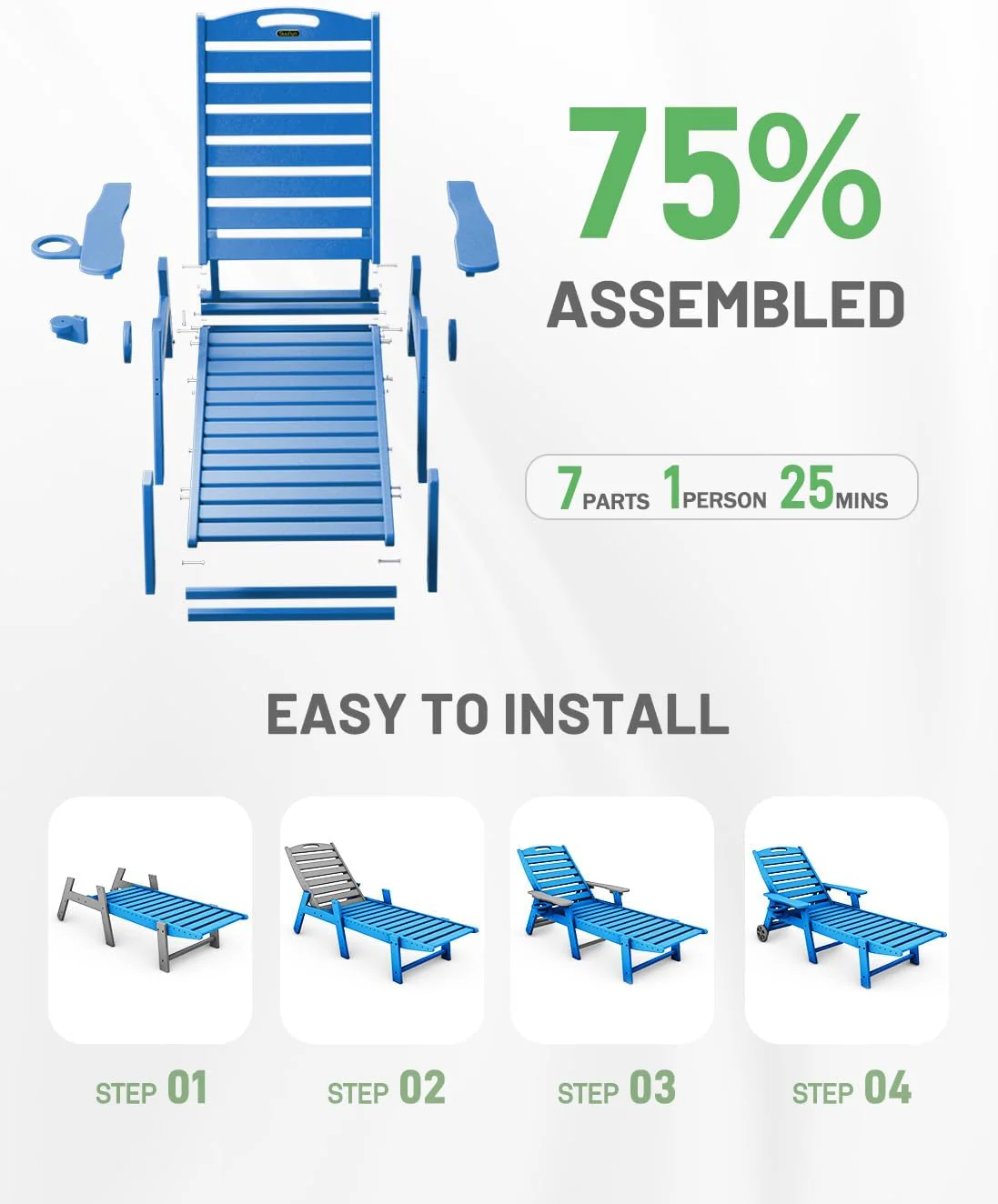 Lounge Chair Outdoor, Chaise Lounge, HDPE 6-Position Outdoor Chaise Lounge, Patio Lounge Chair with Wheels & Cup Holder for Pool Poolside Deck Backyard, Teak