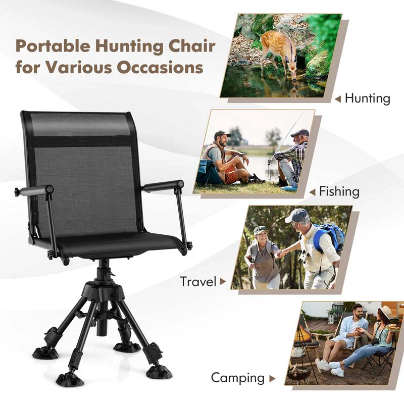 360�� Swivel Silent Folding Hunting Blind Chair for Shooting Fishing, Portable Sniper Seat with 4 Adjustable Legs, All-Terrain Foot Pads
