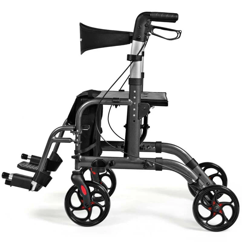 2 in 1 Rollator Walker Wheelchair Folding Medical Walker, Aluminum Transport Chair Mobility Walking Aid