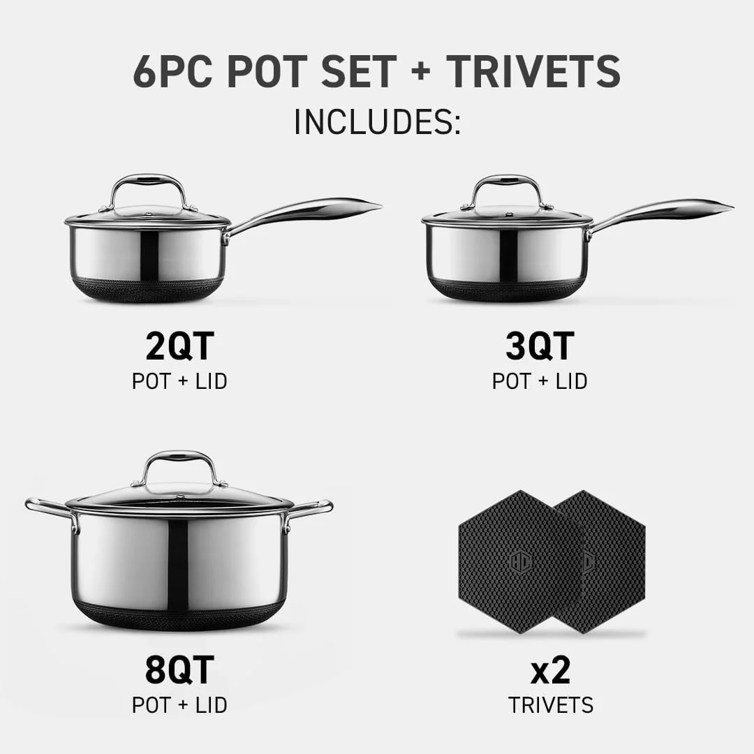 Hybrid Nonstick 6-Piece Pot Set with 2 Silicone Trivets, 2, 3, and 8-Quart Pots with Tempered Glass Lids, Stay-Cool Handles, Dishwasher-Friendly, Induction-Ready, Compatible with All Cooktops