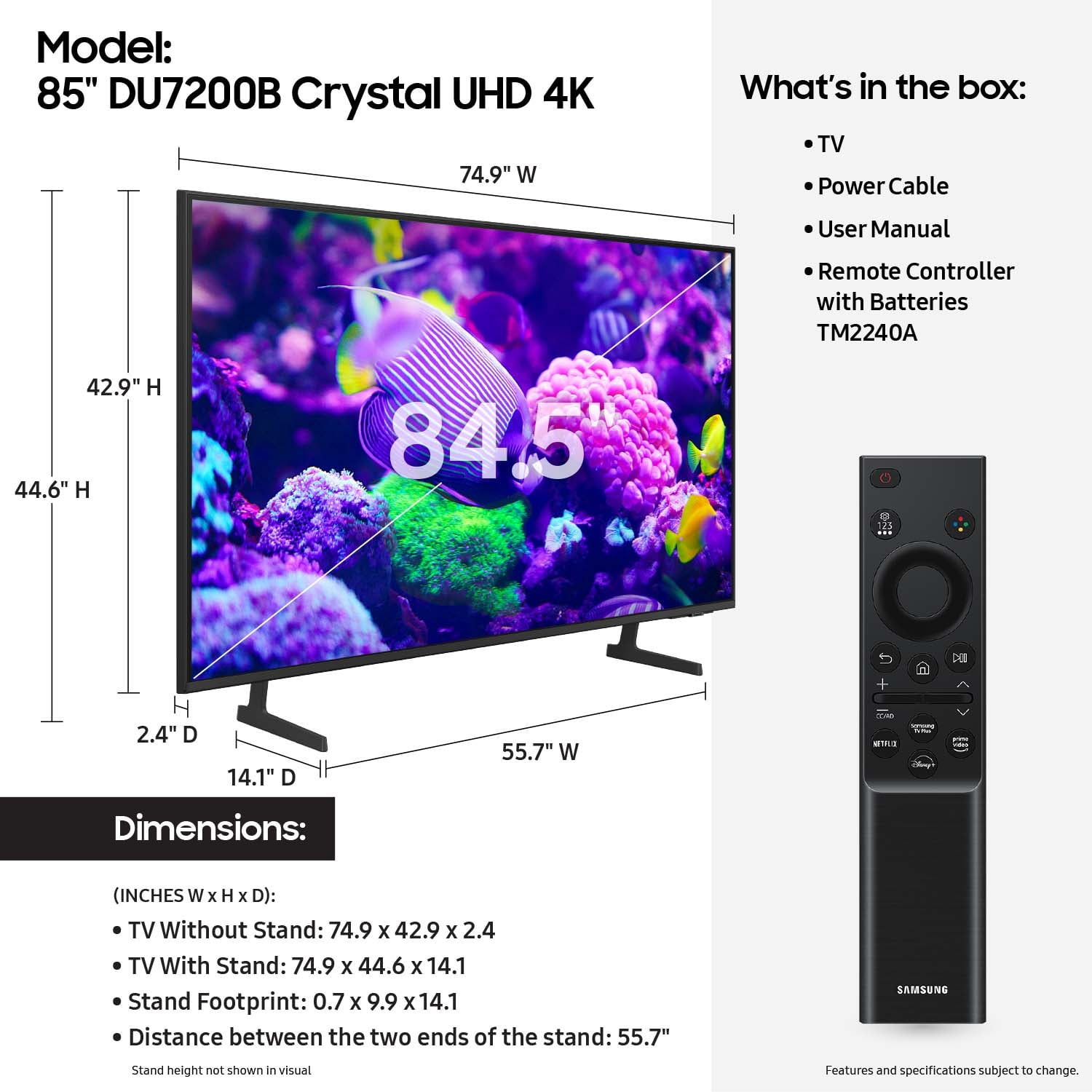 Samsung 85��� Crystal UHD 4K Smart TV DU7200B with PurColor, HDR, and Tizen OS �C 2024 Model