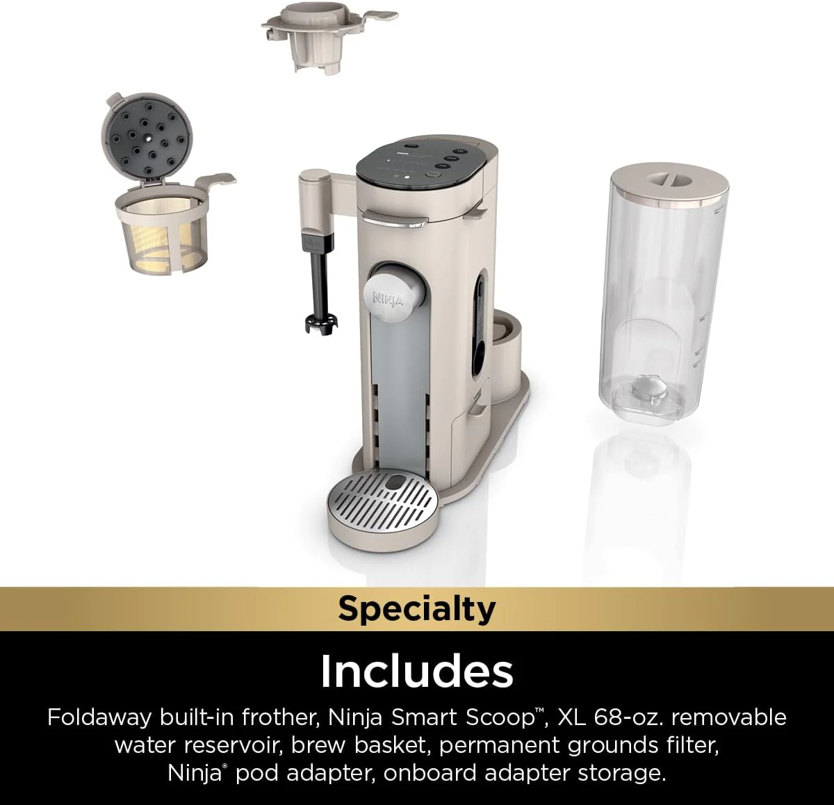 Ninja Pods & Grounds Single-Serve Coffee Maker, K-Cup Pod Compatible, Brews Grounds, Compact Design, 56-oz. Reservoir, 6-oz. Cup to 24-oz. Travel Mug Brew Sizes, Iced Coffee Maker, Stone, PB041ST