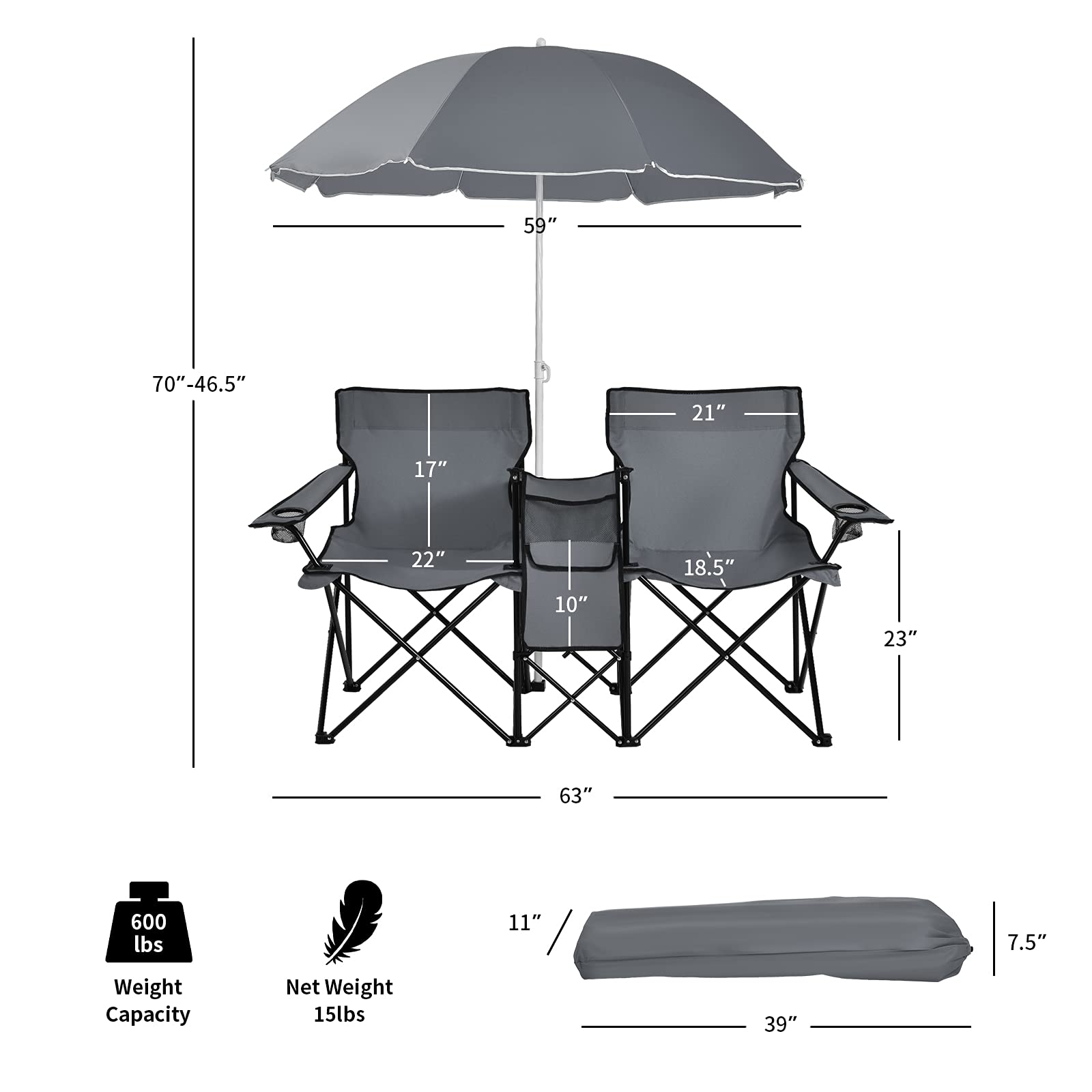 Double Folding Picnic Chairs Umbrella Mini Table Beverage Holder Carrying Bag
