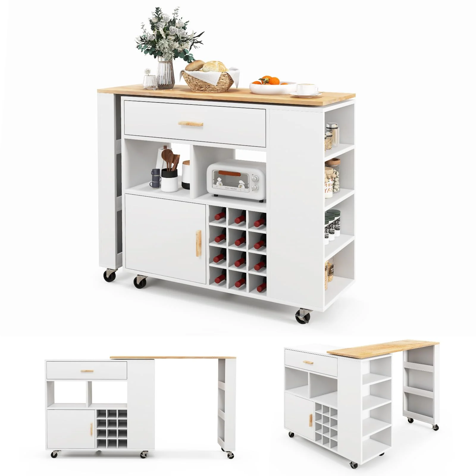 Giantex Kitchen Island Cart Bar Table Combo, 2-in-1 Reversible Mobile Serving Cart