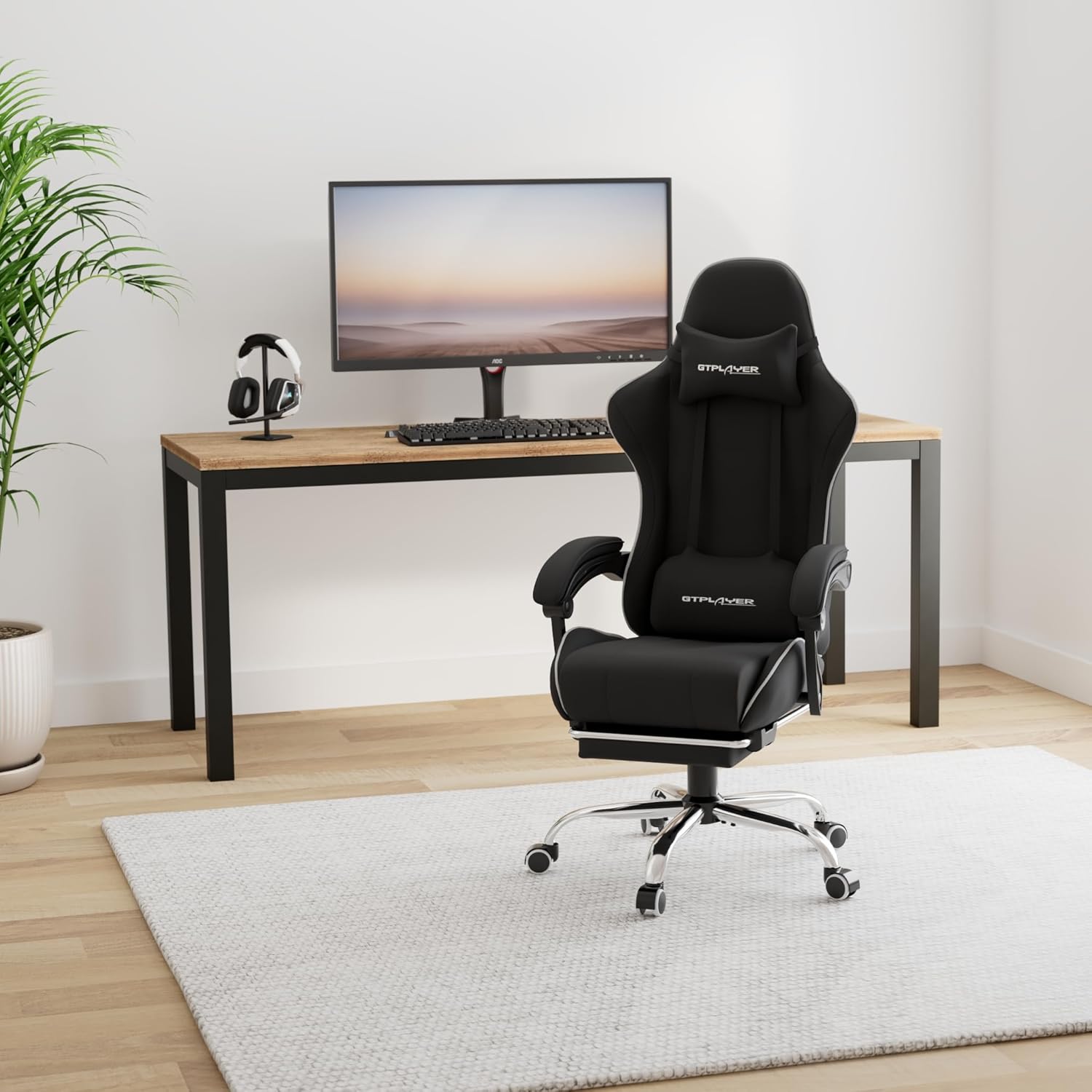 GTPLAYER Gaming Chair, Computer Chair with Footrest and Lumbar Support, Height Adjustable Game Chair with 360  -Swivel Seat and Headrest and for Office or Gaming (White)