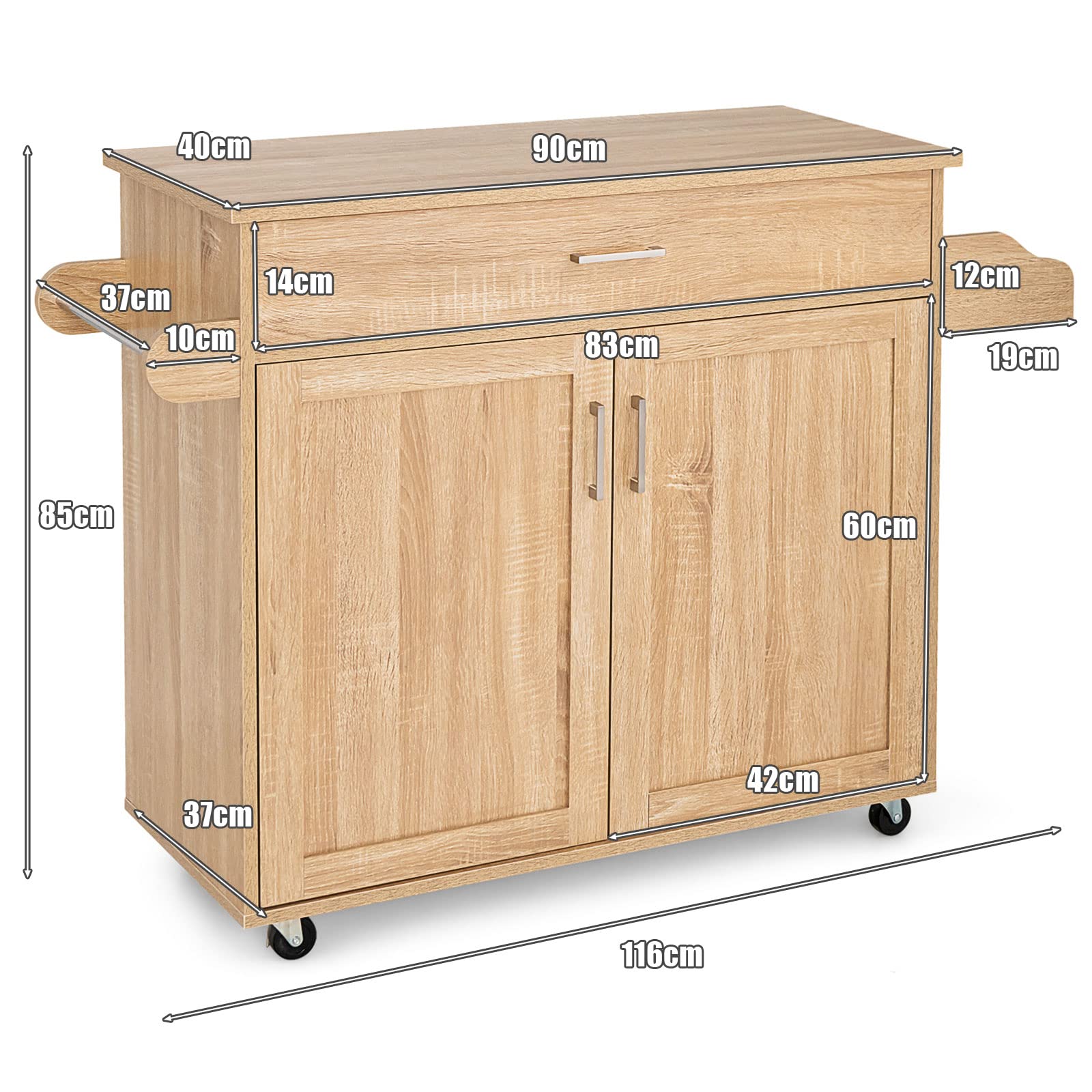 Giantex Wooden Rolling Kitchen Island, Storage Cart Trolley w/ Adjustable Shelf, Spice Storage Sgelf, Towel Rack & Drawer