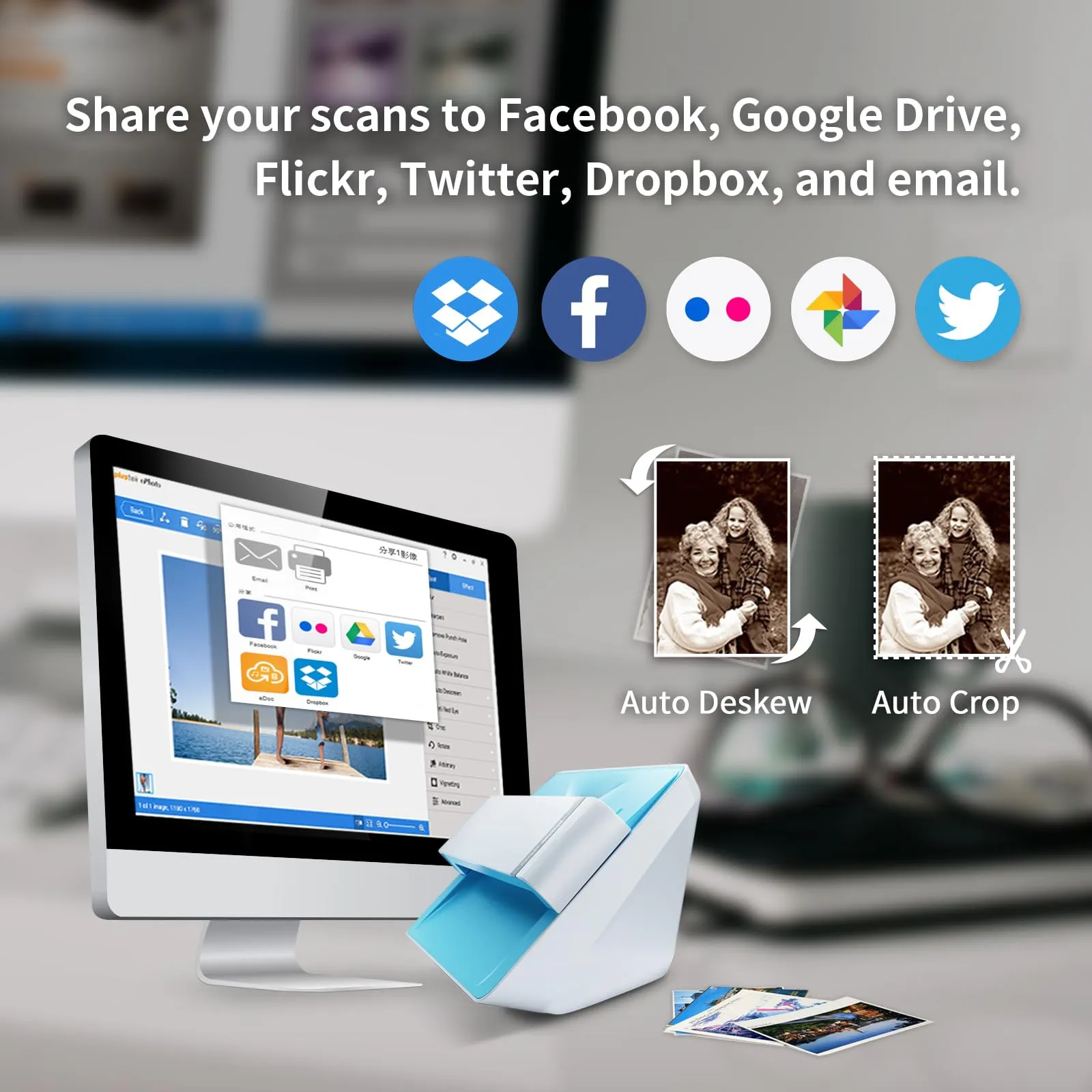 Plustek Photo Scanner, 4x6 Photo in 2sec, Auto Crop and Deskew CCD Sensor