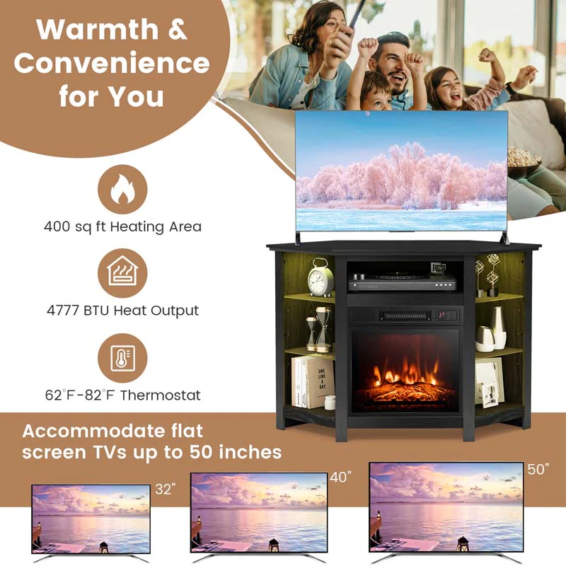 Modern Corner Fireplace TV Stand with LED Lights for TVs up to 50