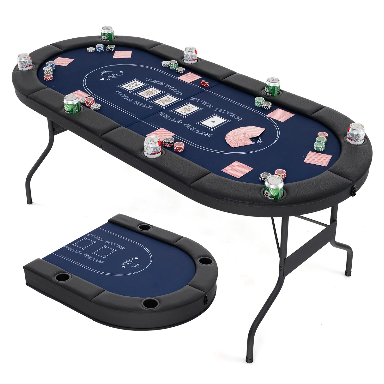 72�� Poker Table Foldable, 8 Players Card Board Game Table w/Deep Metal Cup Holders