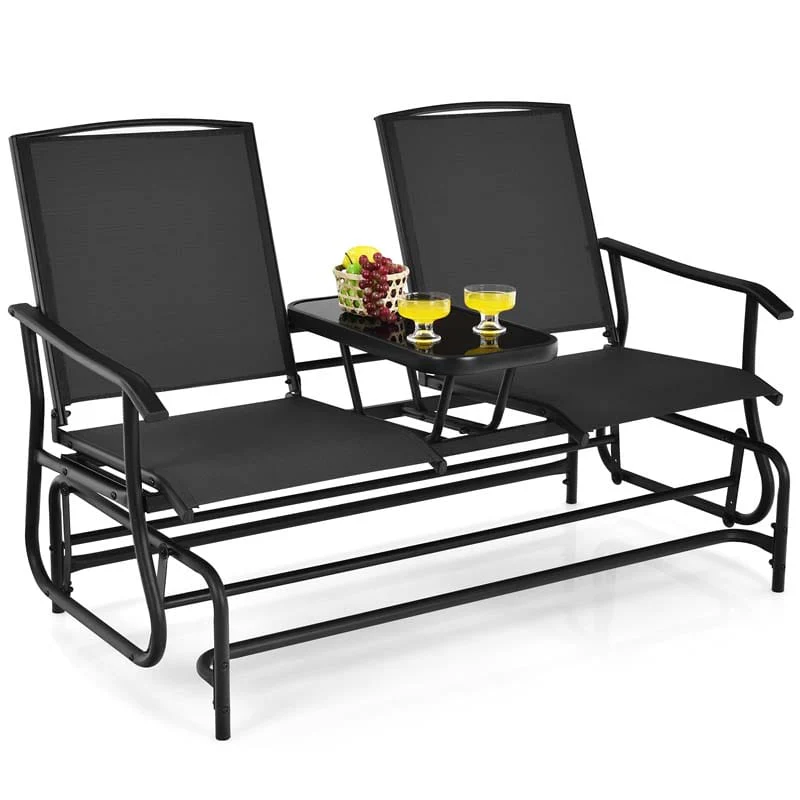 2-Person Outdoor Bench Glider Chair with Center Table, Mesh Fabric Rocking Loveseat for Patio
