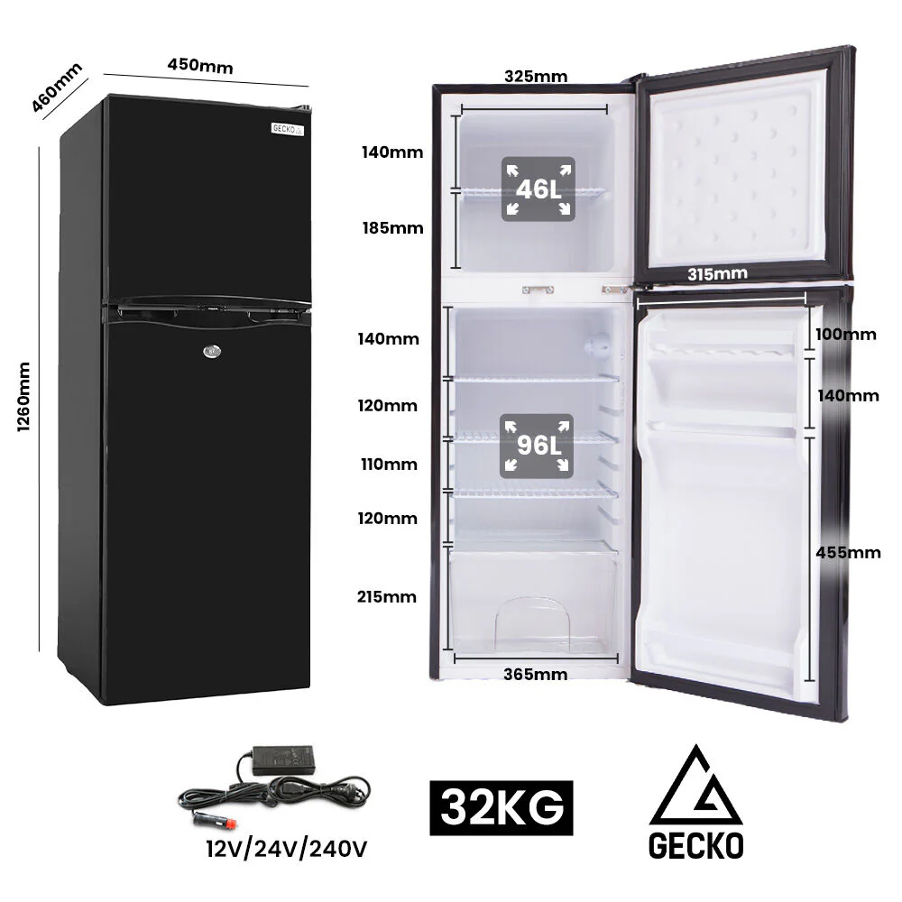GECKO 142L Upright Portable Fridge / Freezer, 12V/24V/240V for Motorhome and Caravan, Black