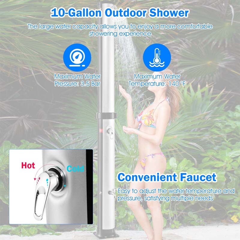 7.2 FT 10 Gallon Solar-Heated Outdoor Shower, 360�� Swivel Shower Head Freestanding Shower for Poolside Beach