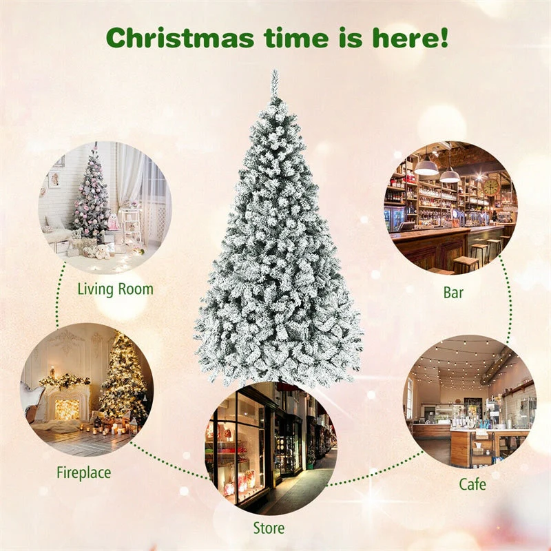 Premium Pre-Lit Snow Flocked Artificial Christmas Tree with Hinged Branch Tips & LED Lights