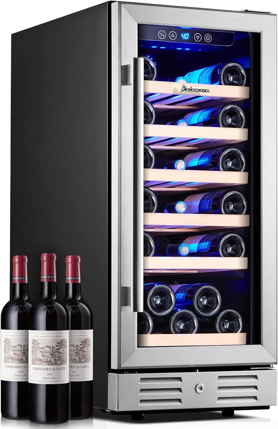24 inch Wine Cooler, 46 Bottle - Dual Zone Built-in or Freestanding Fridge with Stainless Steel Reversible Glass Door, for Home, Kitchen, or Office.
