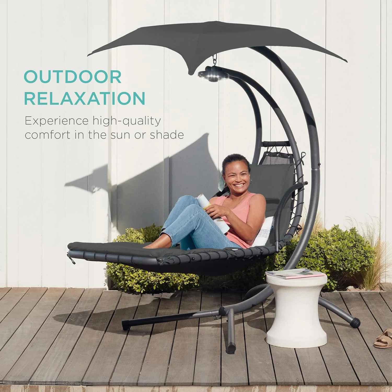 Best Choice Products Outdoor Hanging Curved Steel Chaise Lounge Chair Swing w/Built-in Pillow and Removable Canopy - Charcoal Gray