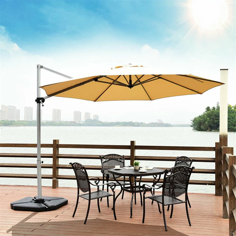 11 FT Patio Offset Cantilever Umbrella 360�� Rotation Tilt with Cross Base & Crank Handle