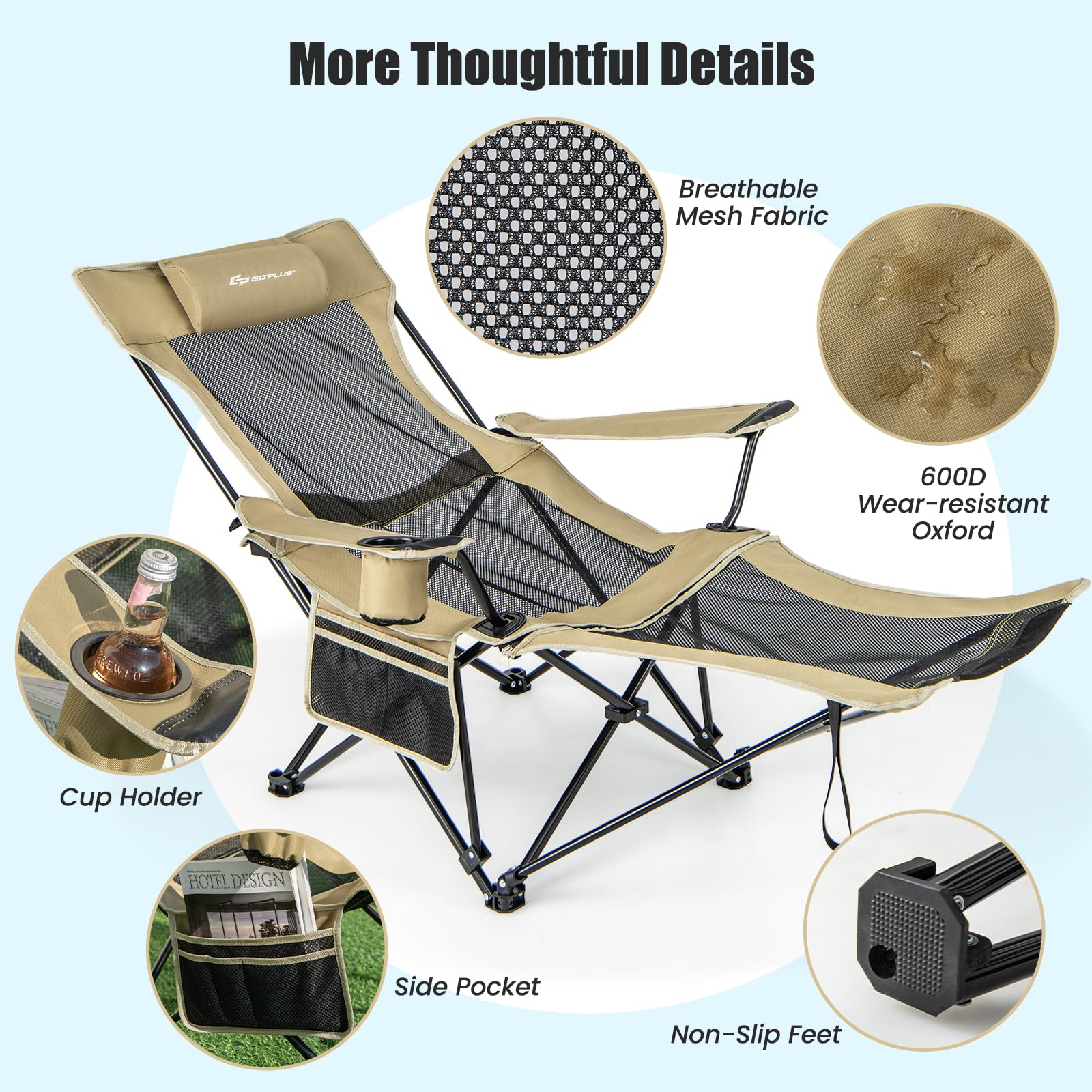 Goplus Reclining Camping Chair with Foot Rest, Folding Lounge Chair for Adults, w/Adjustable Backrest