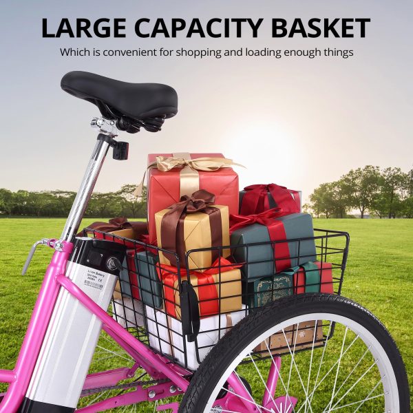 Electric Tricycle for Adults, 7 Speeds Folding Electric Trike, 24 Inch 3 Wheel Motorized Bicycle w/ 36V 10Ah Removable Battery, E Trikes with Large Basket, 330 Loading Capacity, 250W Motor, Pink
