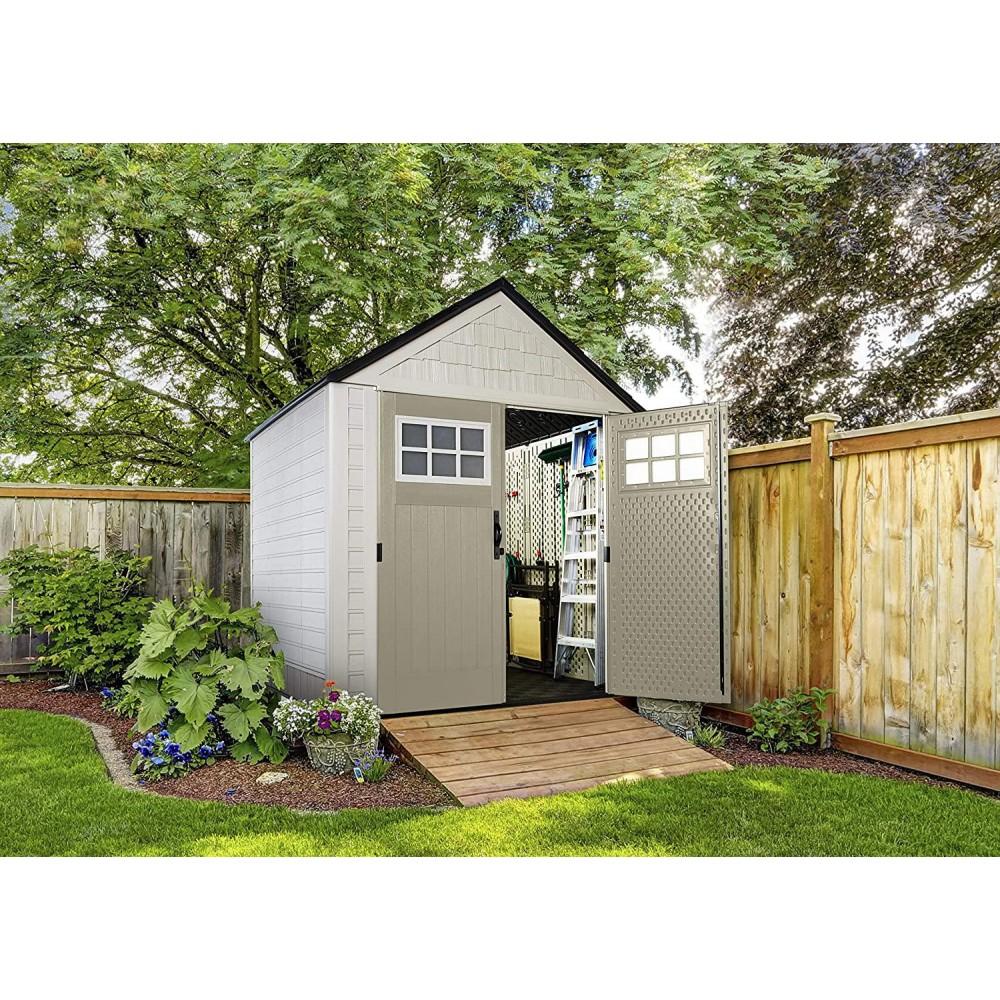 Rubbermaid 7��7 Ft Durable Weather Resistant Resin Outdoor Garden Storage Shed with Windows and Utility Hooks, Sand