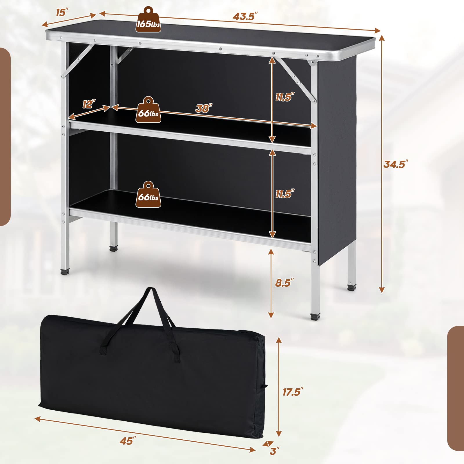 Goplus Folding Camping Table, Aluminum Portable Pop-Up Bar Table with 2-Tier Storage Shelves