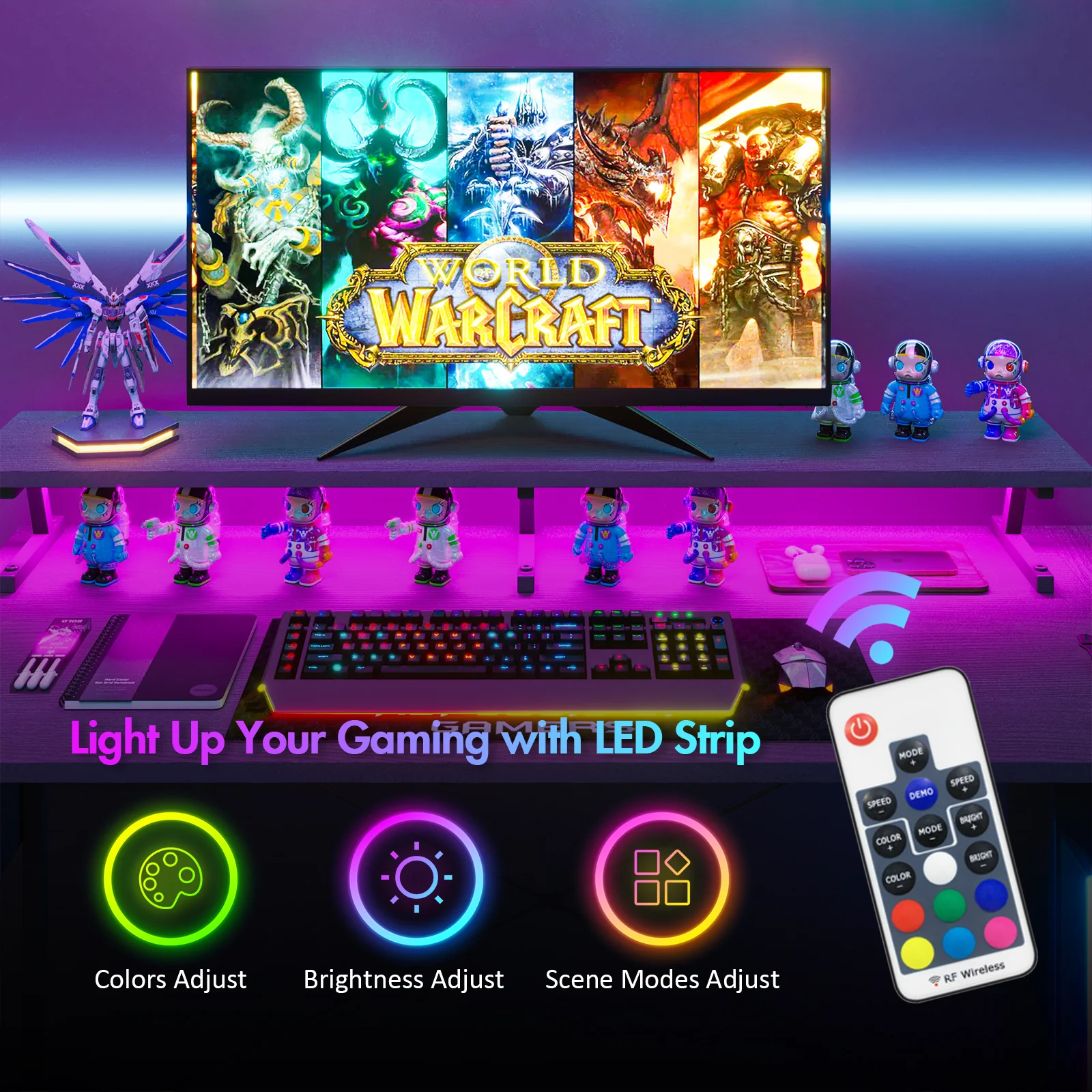 L Shaped Gaming Desk with LED Lights Black