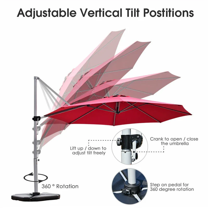 11 FT Patio Offset Cantilever Umbrella 360�� Rotation Tilt with Cross Base & Crank Handle