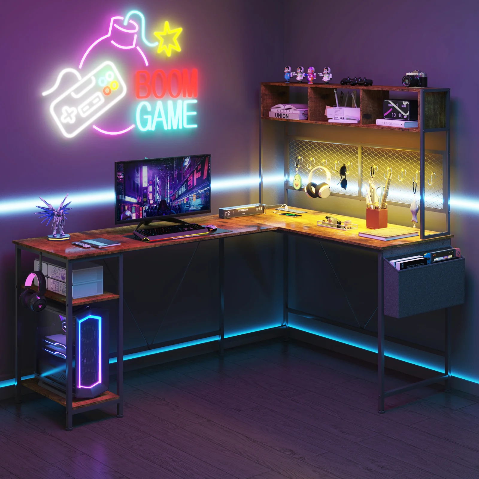 L Shaped Gaming Desk with LED Lights &  Storage Shelf