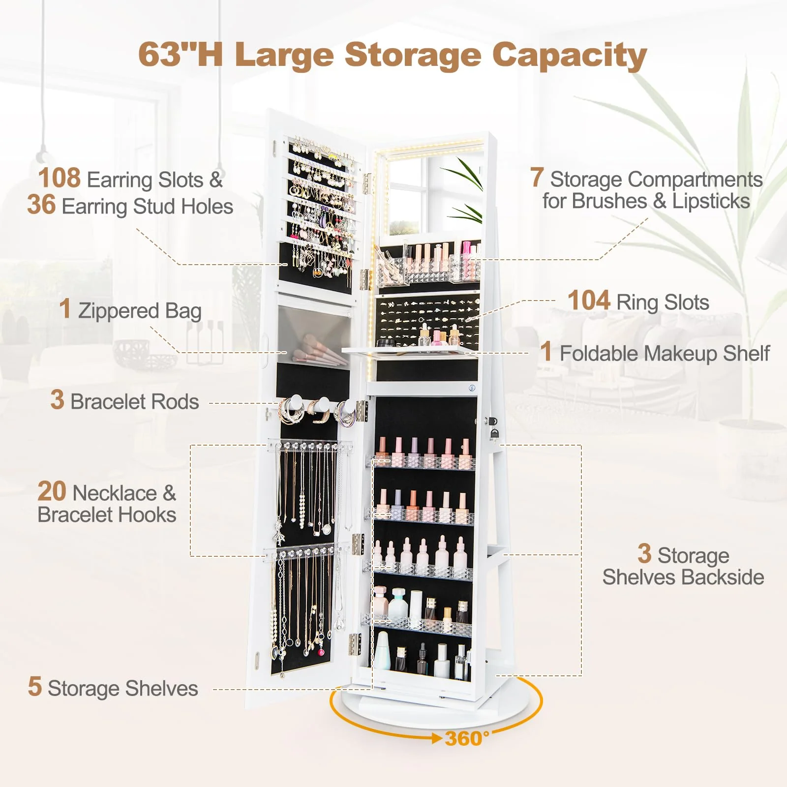 Giantex 160 cm Standing Jewelry Cabinet w/Adjustable LED Lights, 360�� Swivel Lockable Jewelry Armoire Organizer w/Full-Length Mirror