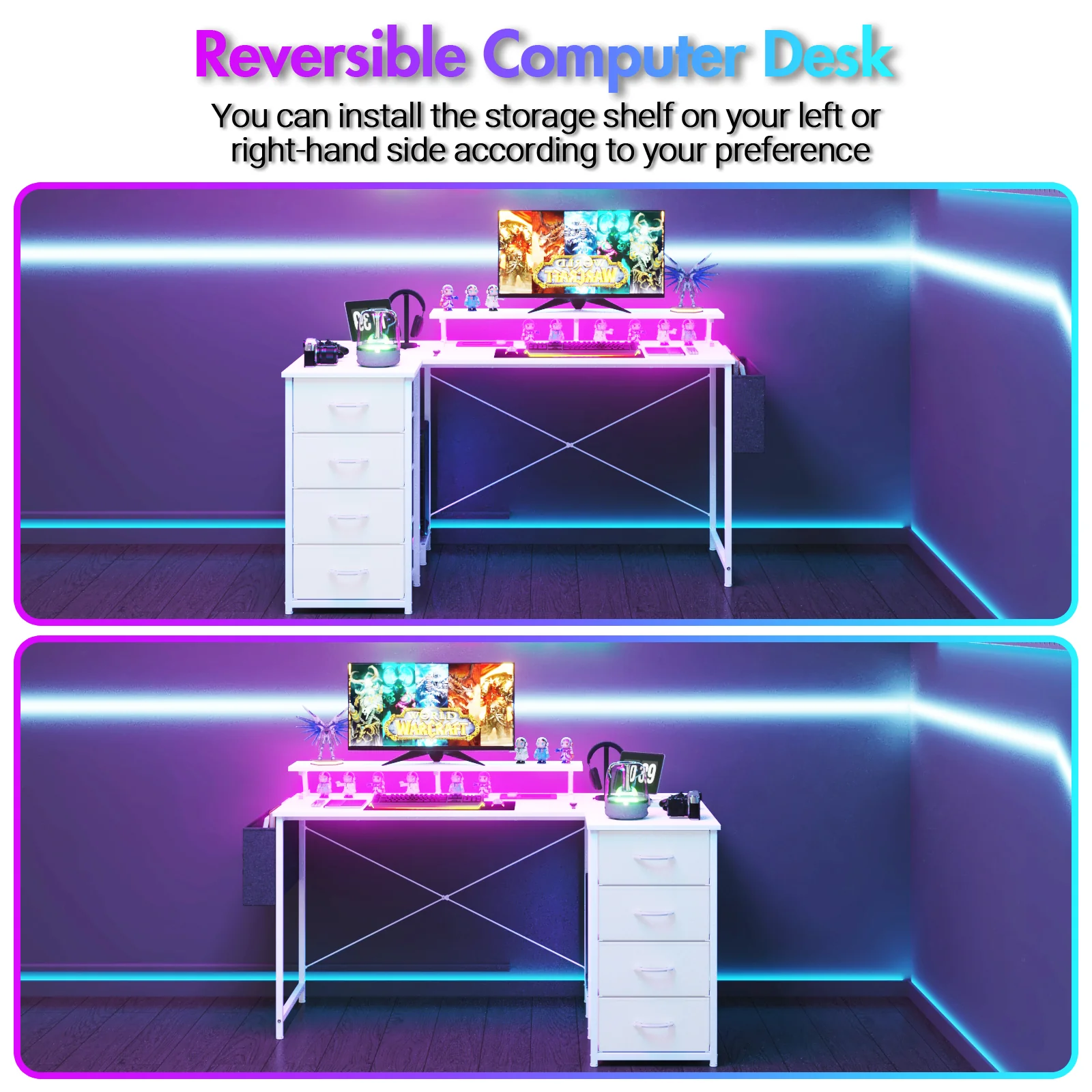 L Shaped Gaming Desk with LED Lights White