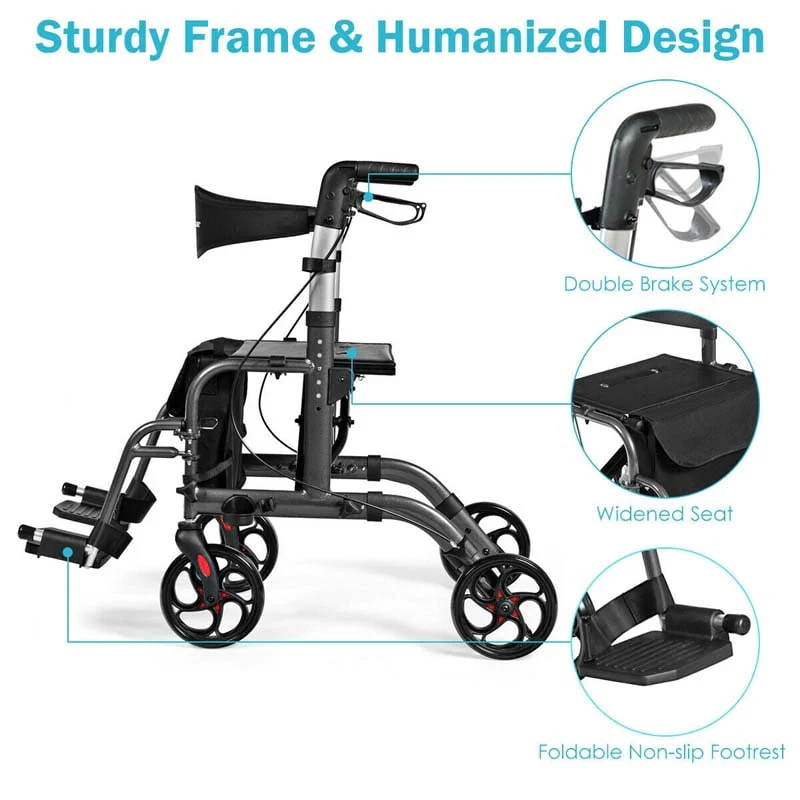 2 in 1 Rollator Walker Wheelchair Folding Medical Walker, Aluminum Transport Chair Mobility Walking Aid
