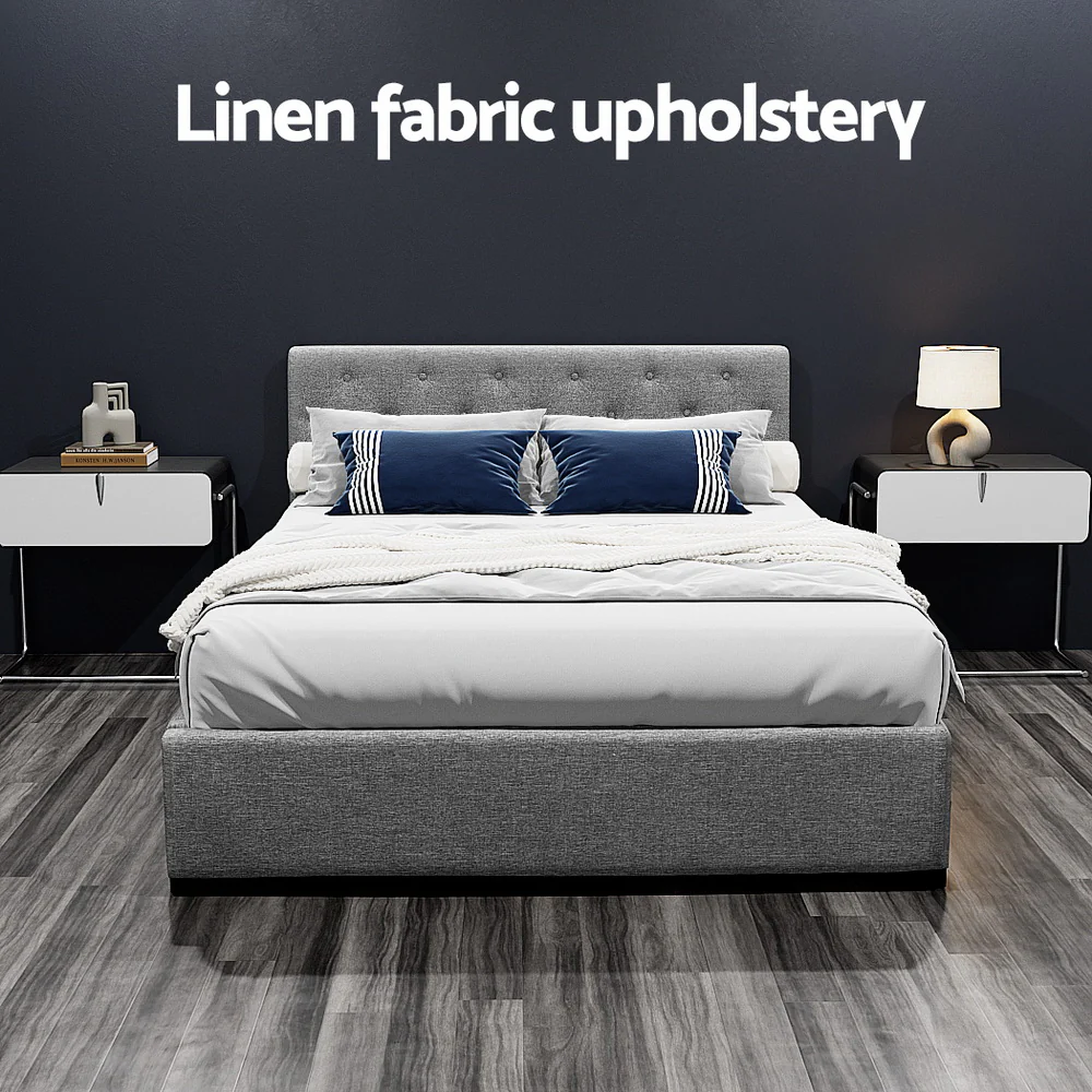 Artiss Vila Bed Frame Fabric Gas Lift Storage - Grey Double