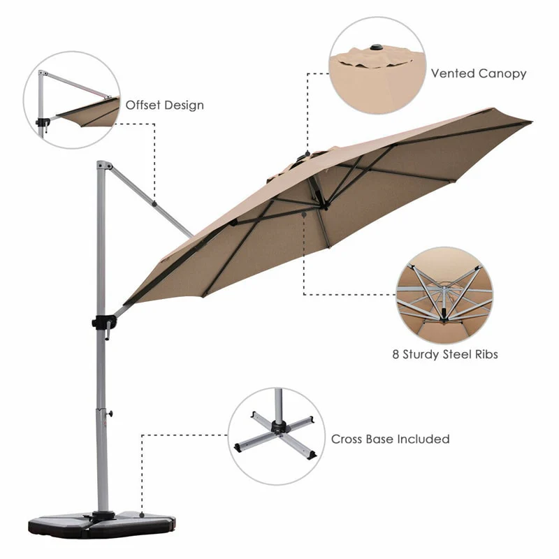 11 FT Patio Offset Cantilever Umbrella 360�� Rotation Tilt with Cross Base & Crank Handle