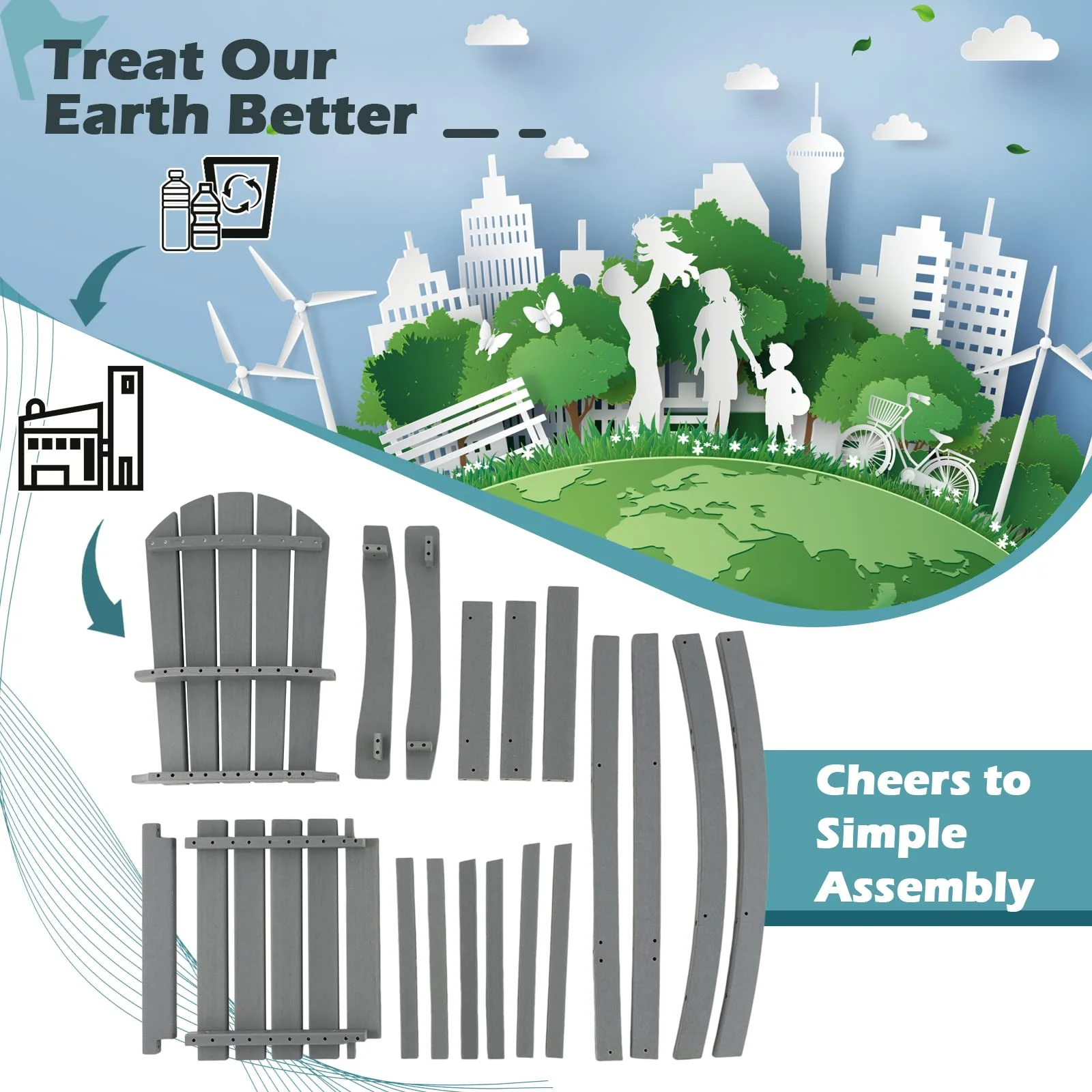 Outdoor HDPE Tall Adirondack Chairs with Armrests & Footrest, 30