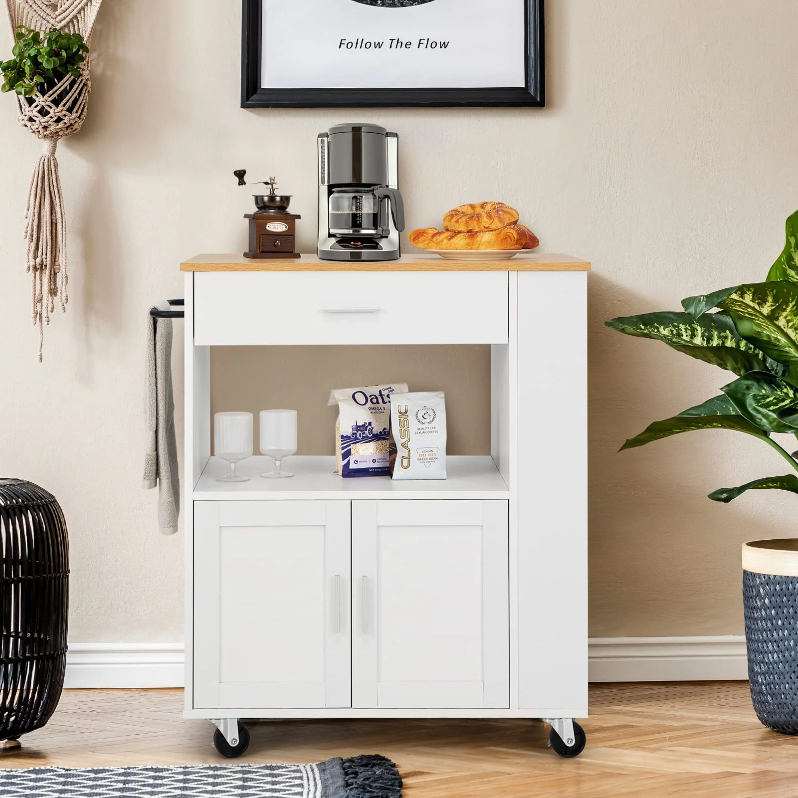 Giantex Kitchen Island Trolley, Rolling Kitchen Serving Trolley w/ 3 Spice Racks, Drawer, Open Shelf & Large Cabinet