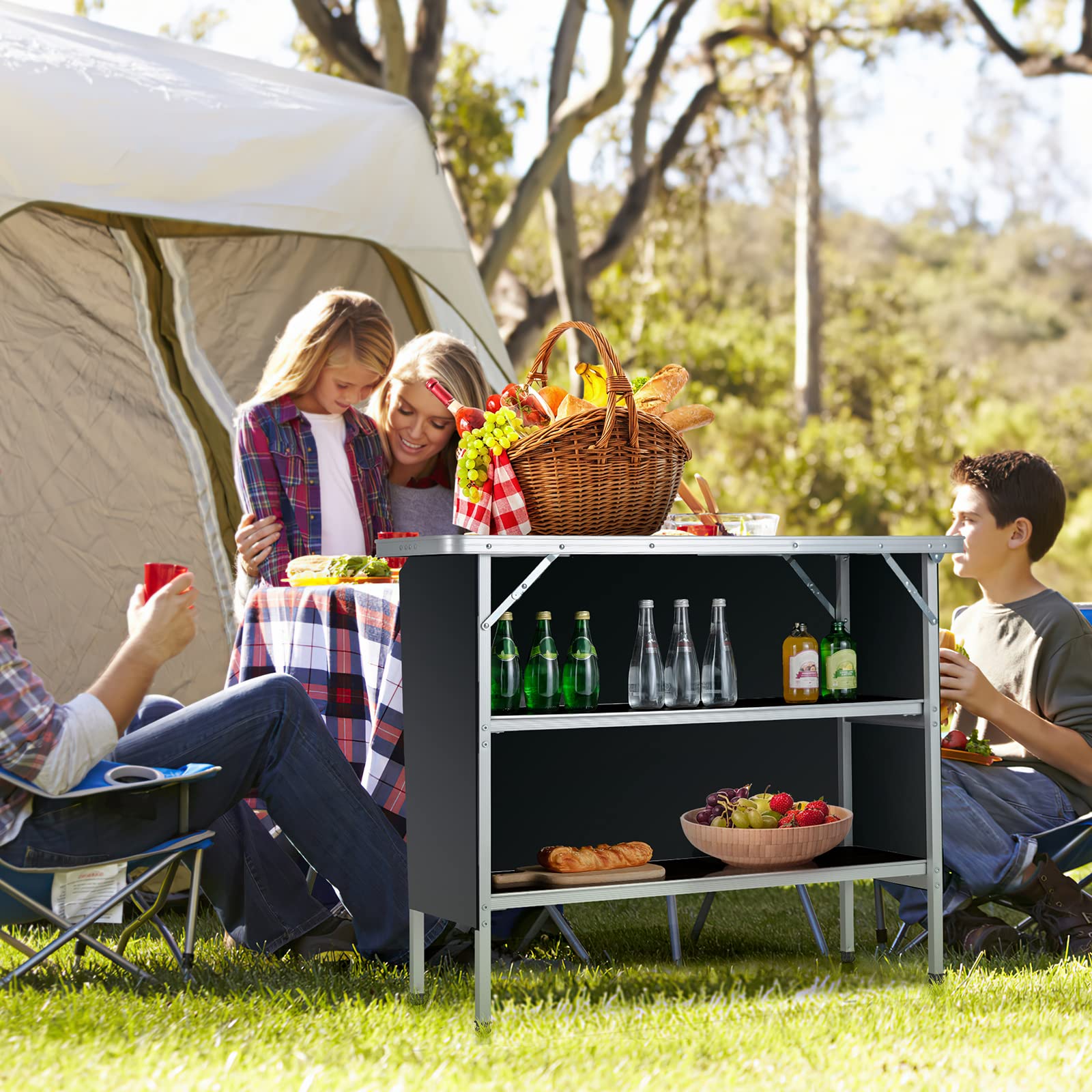 Goplus Folding Camping Table, Aluminum Portable Pop-Up Bar Table with 2-Tier Storage Shelves