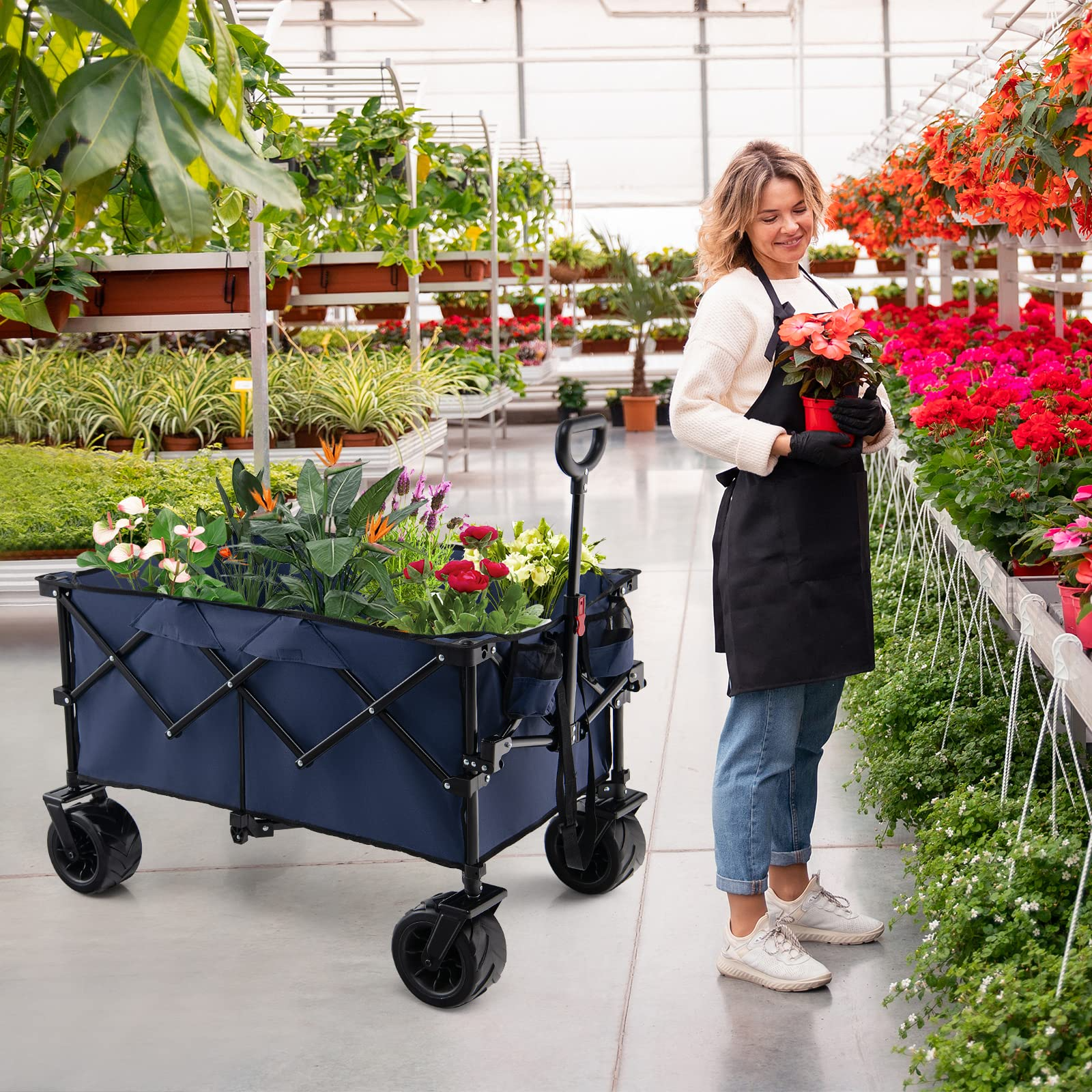 Collapsible Wagon Cart, Foldable Heavy Duty Utility Wagon with Adjustable Handle