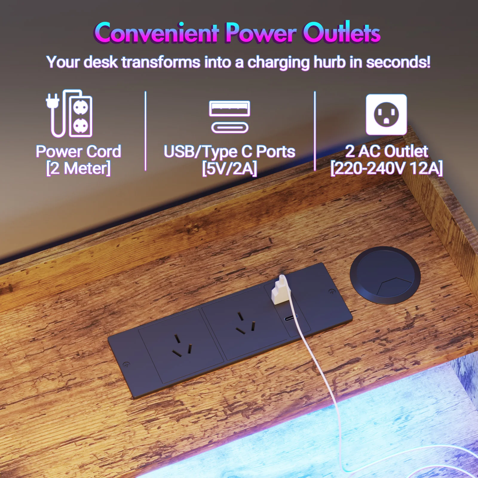 LED RGB Light Electric Standing Desk Brown