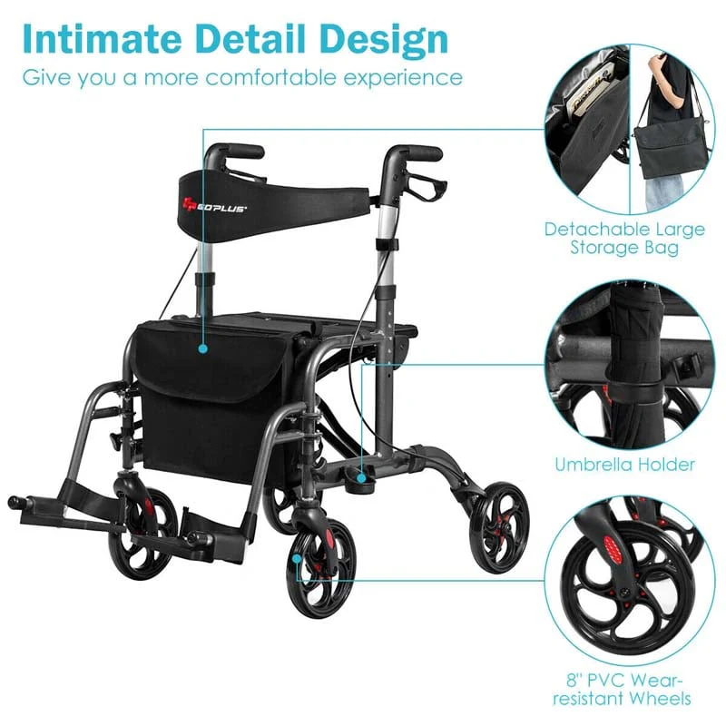2 in 1 Rollator Walker Wheelchair Folding Medical Walker, Aluminum Transport Chair Mobility Walking Aid