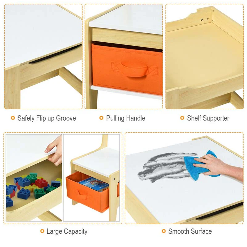 3-in-1 Kids Wood Table Chairs Set with Blackboard & Storage Drawers, Children Multi Activity Table for Learning Playing Drawing