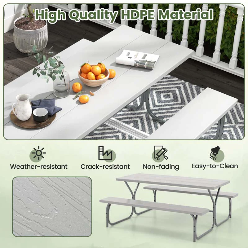 6 FT 8-Person Outdoor Large Picnic Table Bench Set with Umbrella Hole, Metal Frame, All-Weather HDPE Tabletop