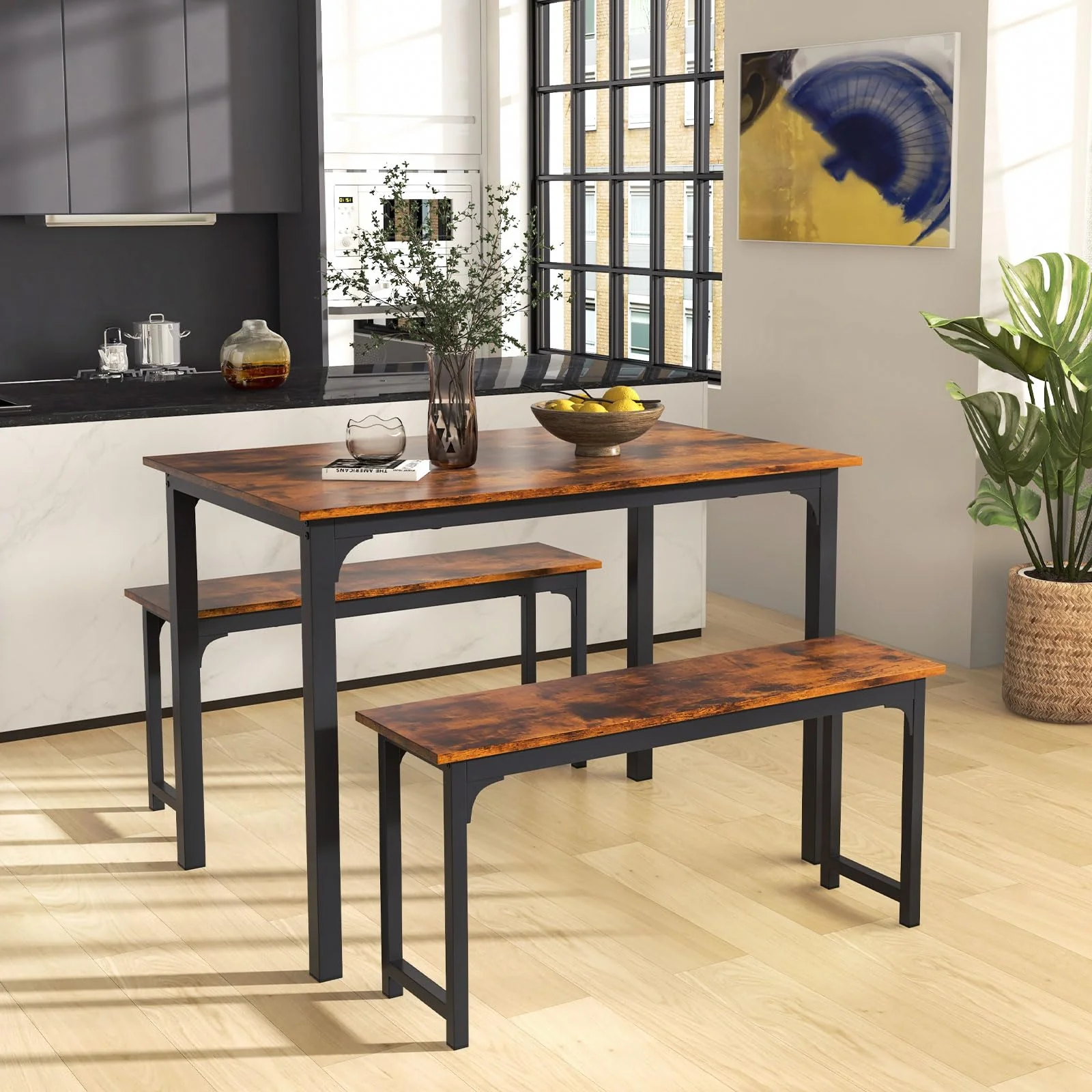 Giantex Dining Table Set for 4, 3 PCS Farmhouse Kitchen & Dining Room Furniture Kit with 2 Benches