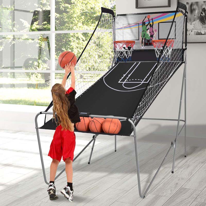 2 Player Foldable Basketball Arcade Game with 4 Balls, Indoor Double Shot Electronic Basketball Game